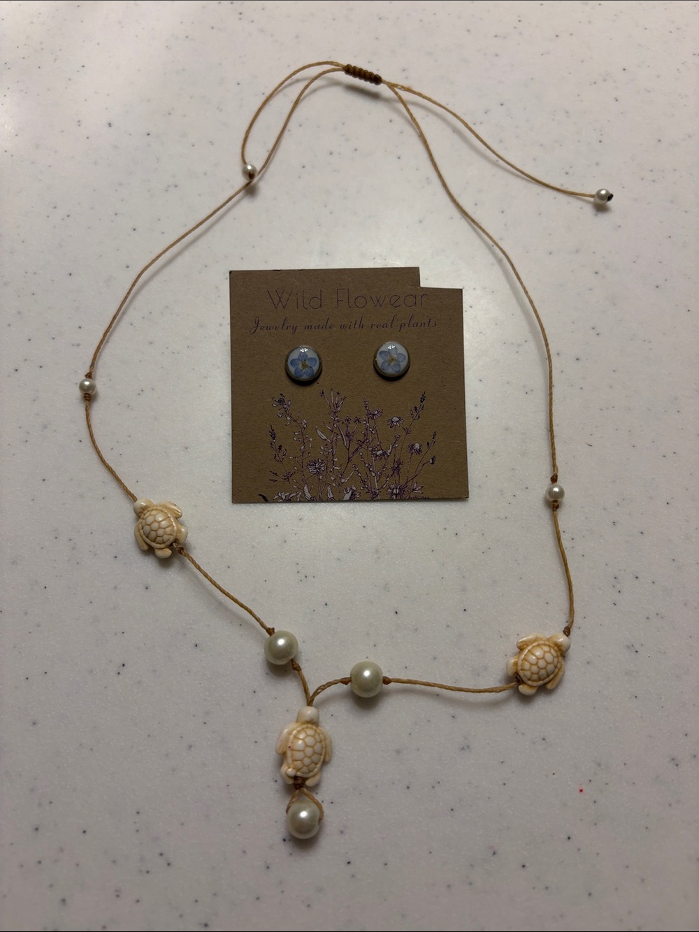 Handmade Wildflower Earrings and Turtle Necklace NWT